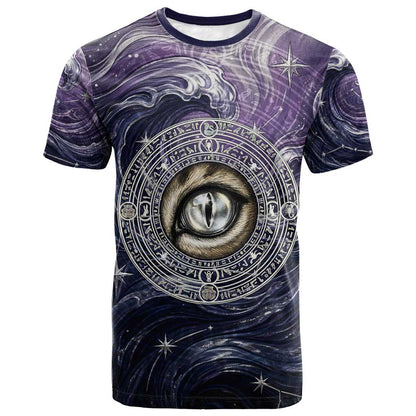 Pakhet Panther T-Shirt with Cosmic Feline Eye on Starry Night River Graphic Tee