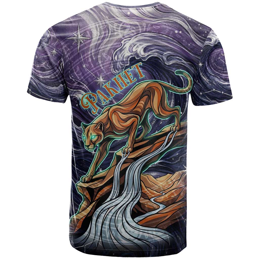 Pakhet Panther T-Shirt with Cosmic Feline Eye on Starry Night River Graphic Tee