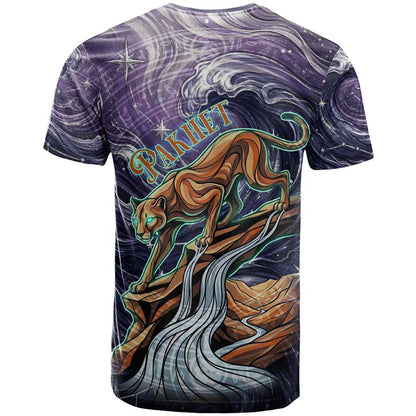 Pakhet Panther T-Shirt with Cosmic Feline Eye on Starry Night River Graphic Tee