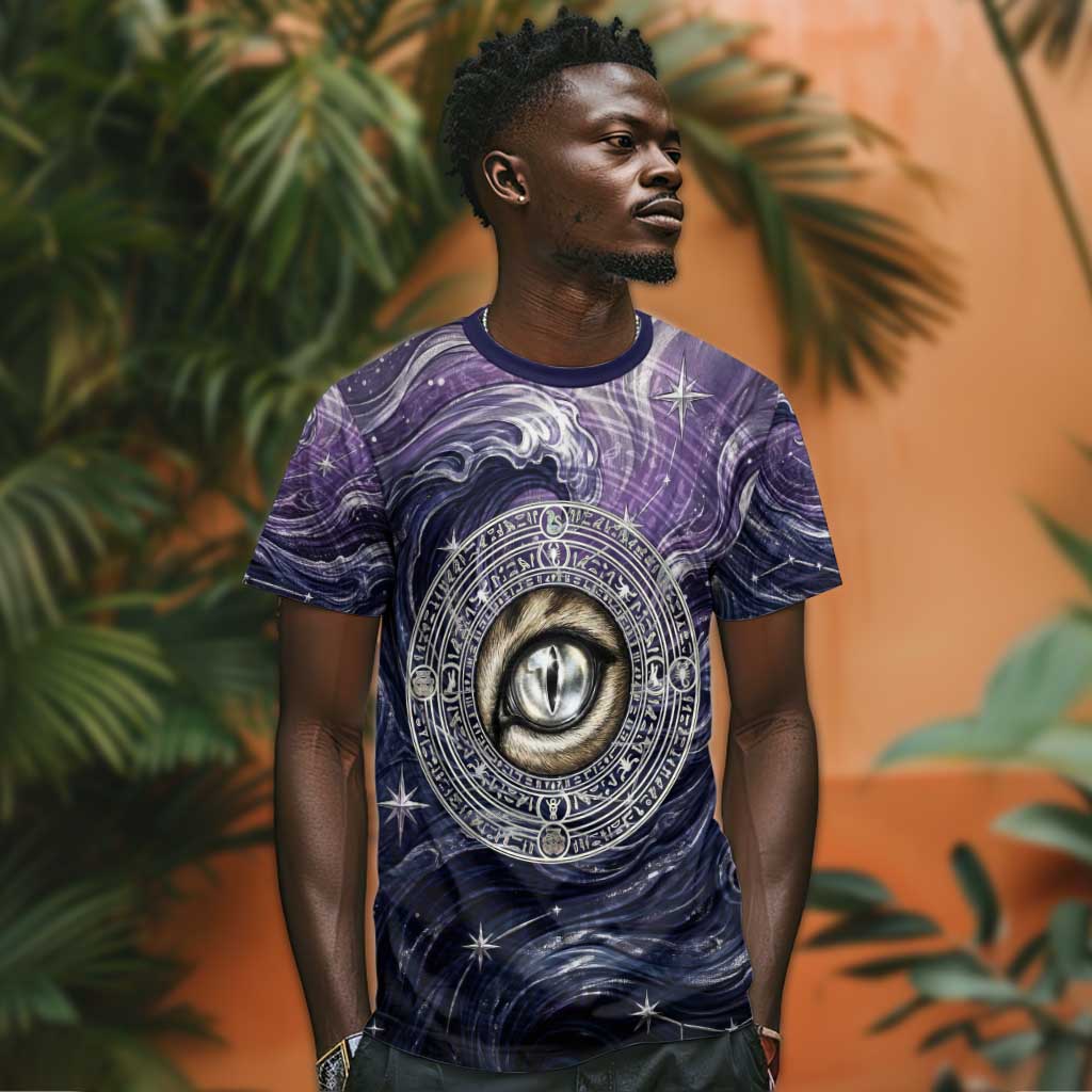 Pakhet Panther T-Shirt with Cosmic Feline Eye on Starry Night River Graphic Tee