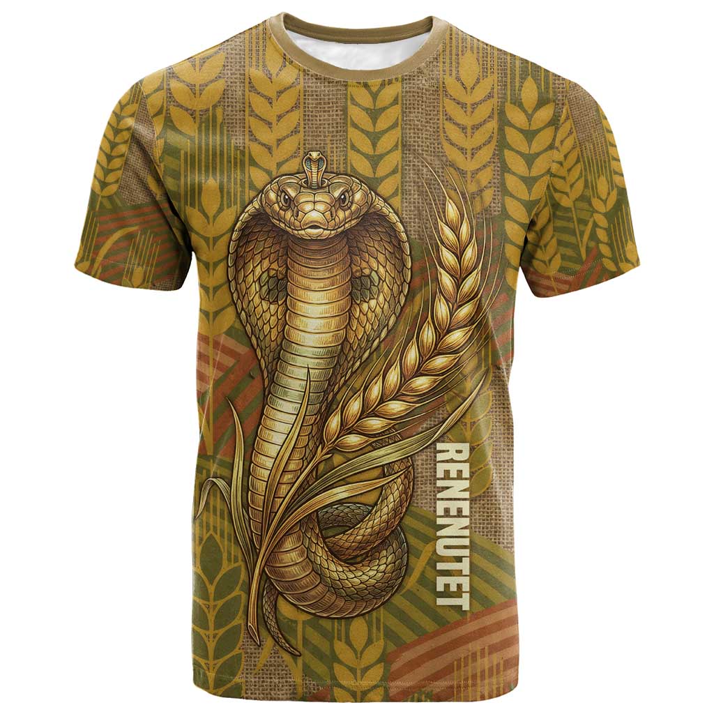 Renenutet Golden Cobra T-Shirt with Wheat Motif in Egyptian Agricultural Theme Graphic Tee