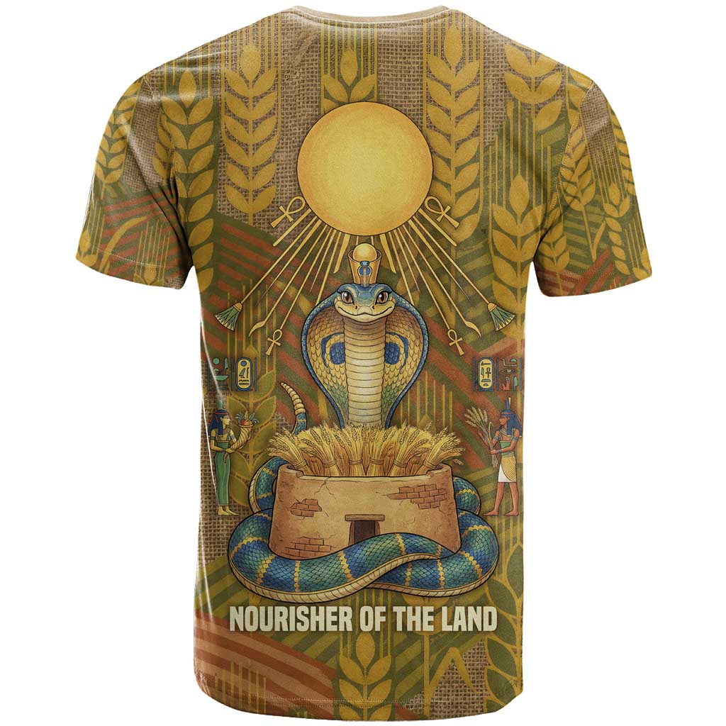 Renenutet Golden Cobra T-Shirt with Wheat Motif in Egyptian Agricultural Theme Graphic Tee
