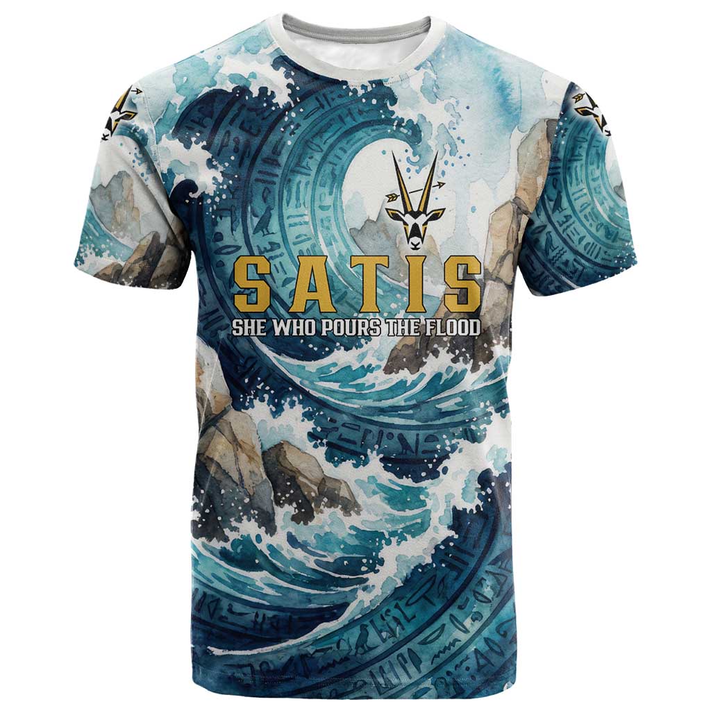 Satis Water Torrent T-Shirt with Egyptian Flood Symbolism in Oceanic Blue Tones Graphic Tee