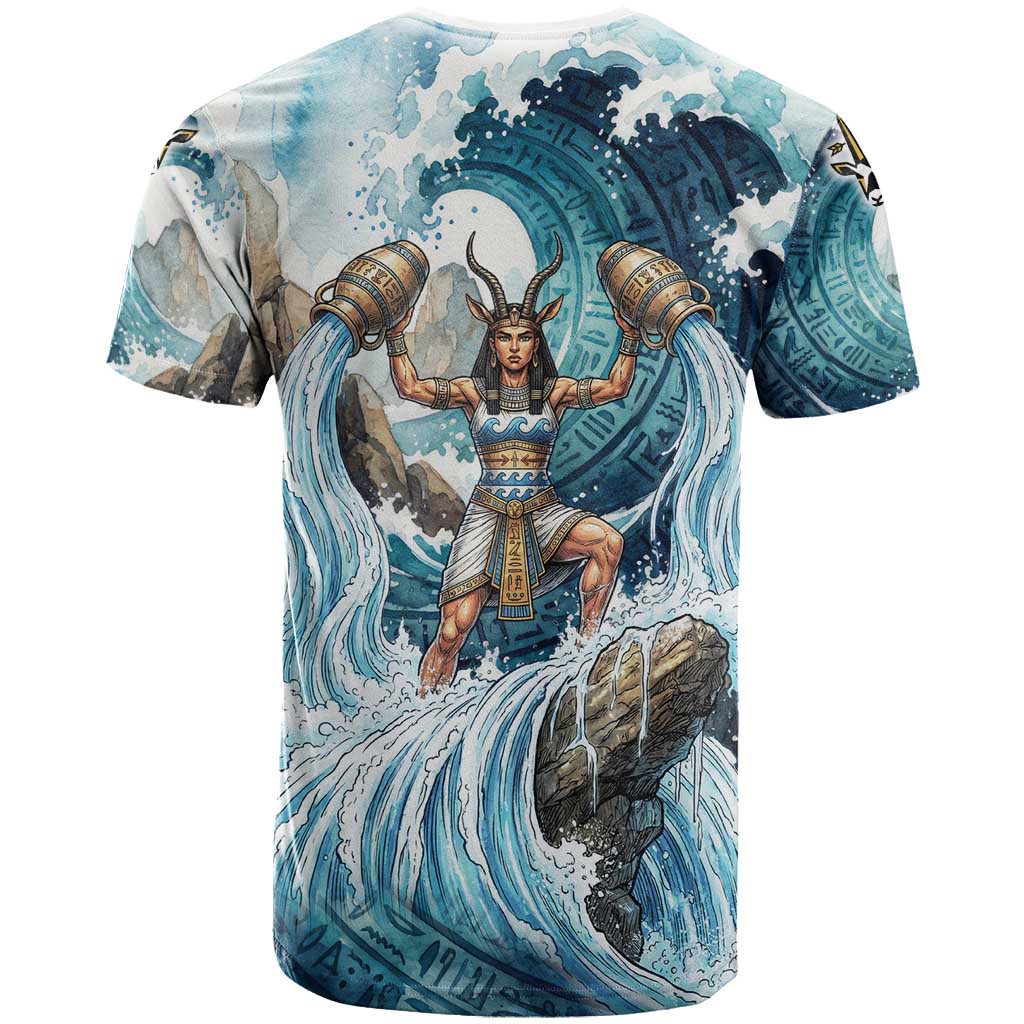 Satis Water Torrent T-Shirt with Egyptian Flood Symbolism in Oceanic Blue Tones Graphic Tee
