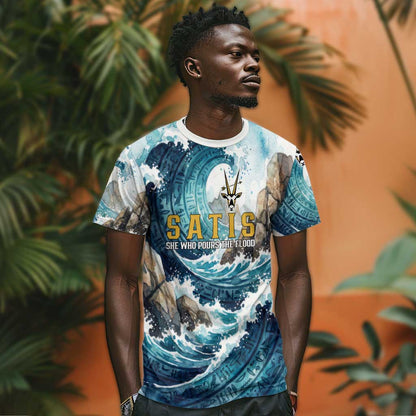Satis Water Torrent T-Shirt with Egyptian Flood Symbolism in Oceanic Blue Tones Graphic Tee