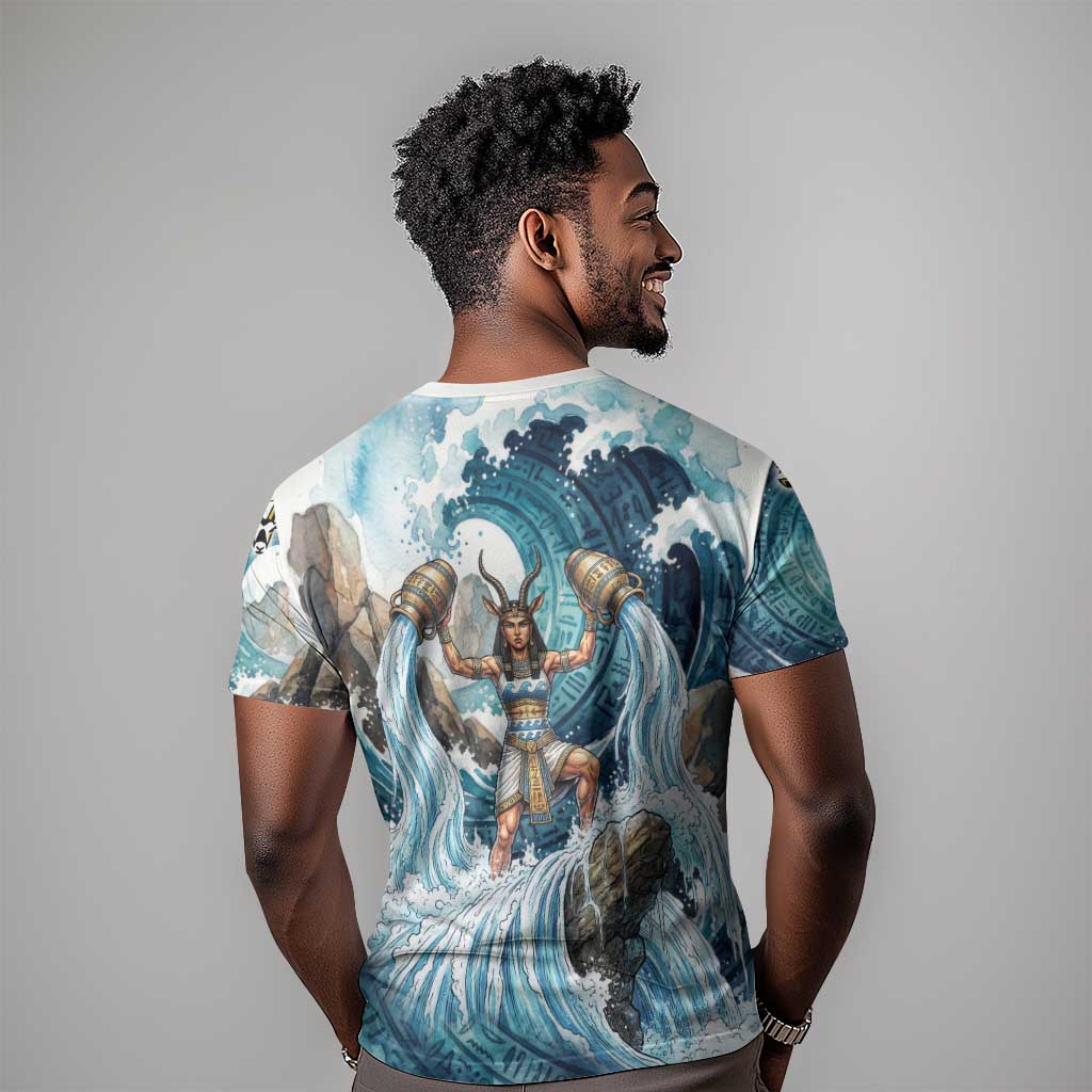 Satis Water Torrent T-Shirt with Egyptian Flood Symbolism in Oceanic Blue Tones Graphic Tee