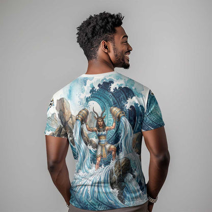 Satis Water Torrent T-Shirt with Egyptian Flood Symbolism in Oceanic Blue Tones Graphic Tee