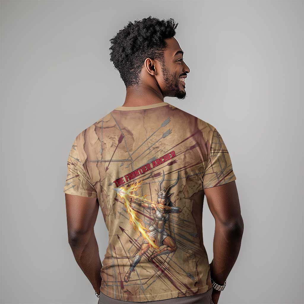 Satis T-Shirt with Fiery Bow and Arrow in Ancient Egyptian Warrior Graphic Tee