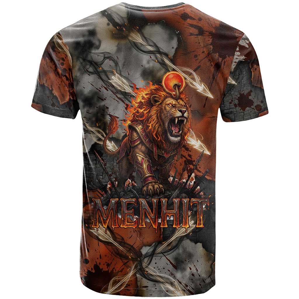 Menhit Egyptian T-Shirt Warrior Goddess Fiery Lion Eye Arrows and Blood Battle Graphic Tee