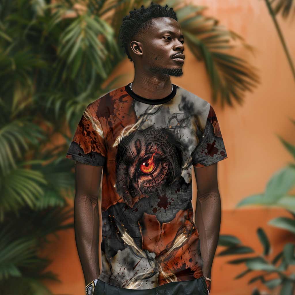 Menhit Egyptian T-Shirt Warrior Goddess Fiery Lion Eye Arrows and Blood Battle Graphic Tee