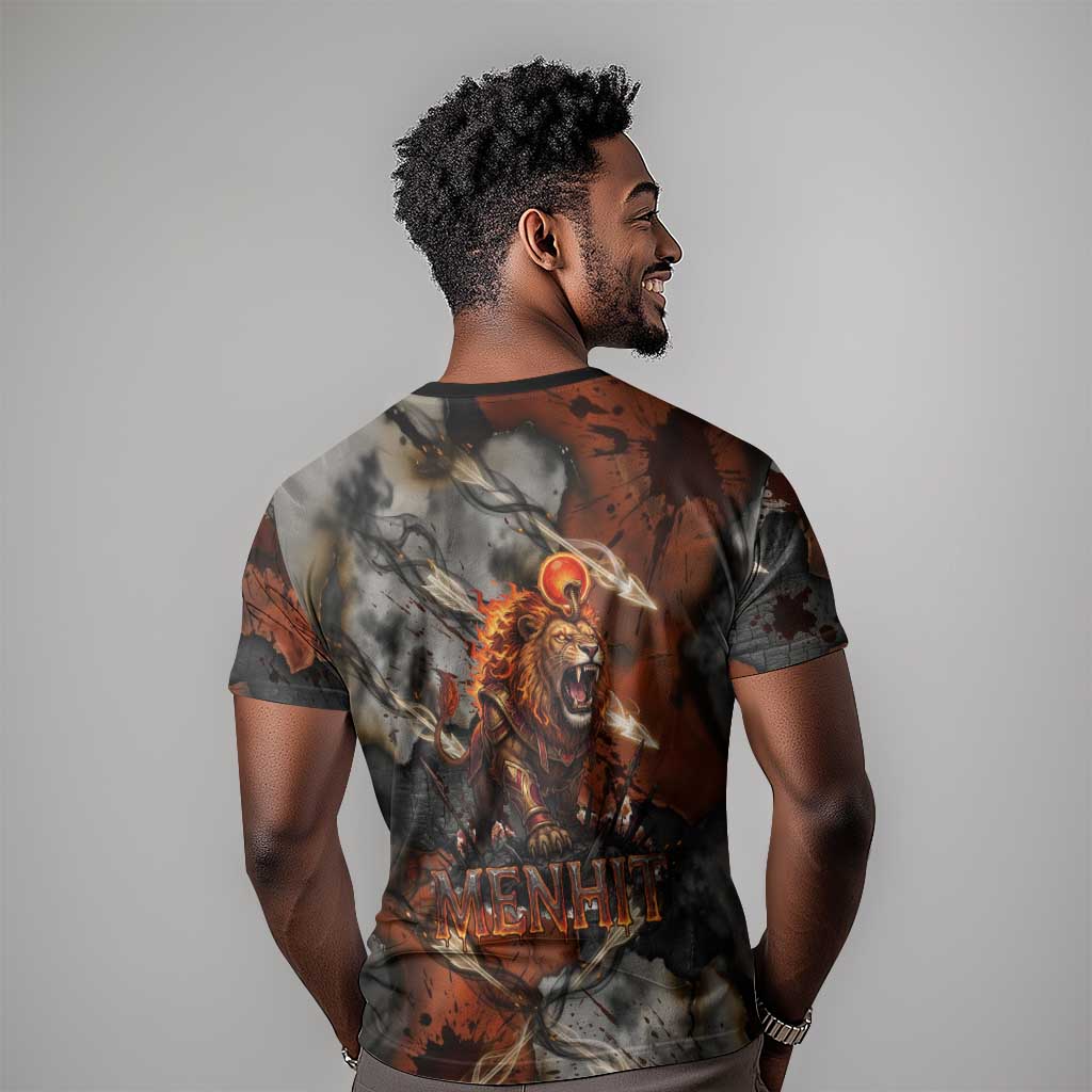 Menhit Egyptian T-Shirt Warrior Goddess Fiery Lion Eye Arrows and Blood Battle Graphic Tee