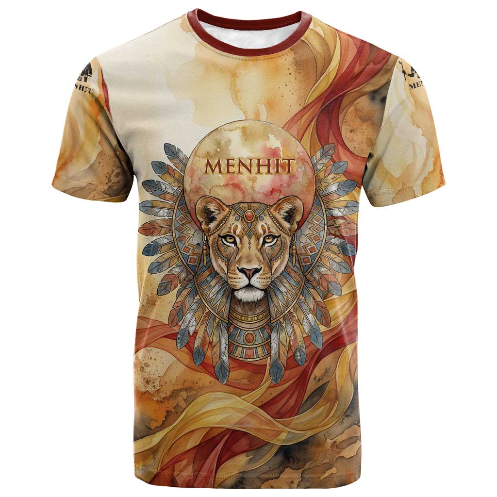 Menhit T-Shirt Lioness Warrior Goddess Uraeus Serpent Fire and Feathers Ancient Egyptian Graphic Tee