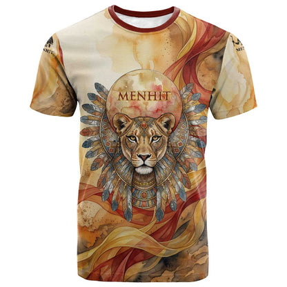 Menhit T-Shirt Lioness Warrior Goddess Uraeus Serpent Fire and Feathers Ancient Egyptian Graphic Tee