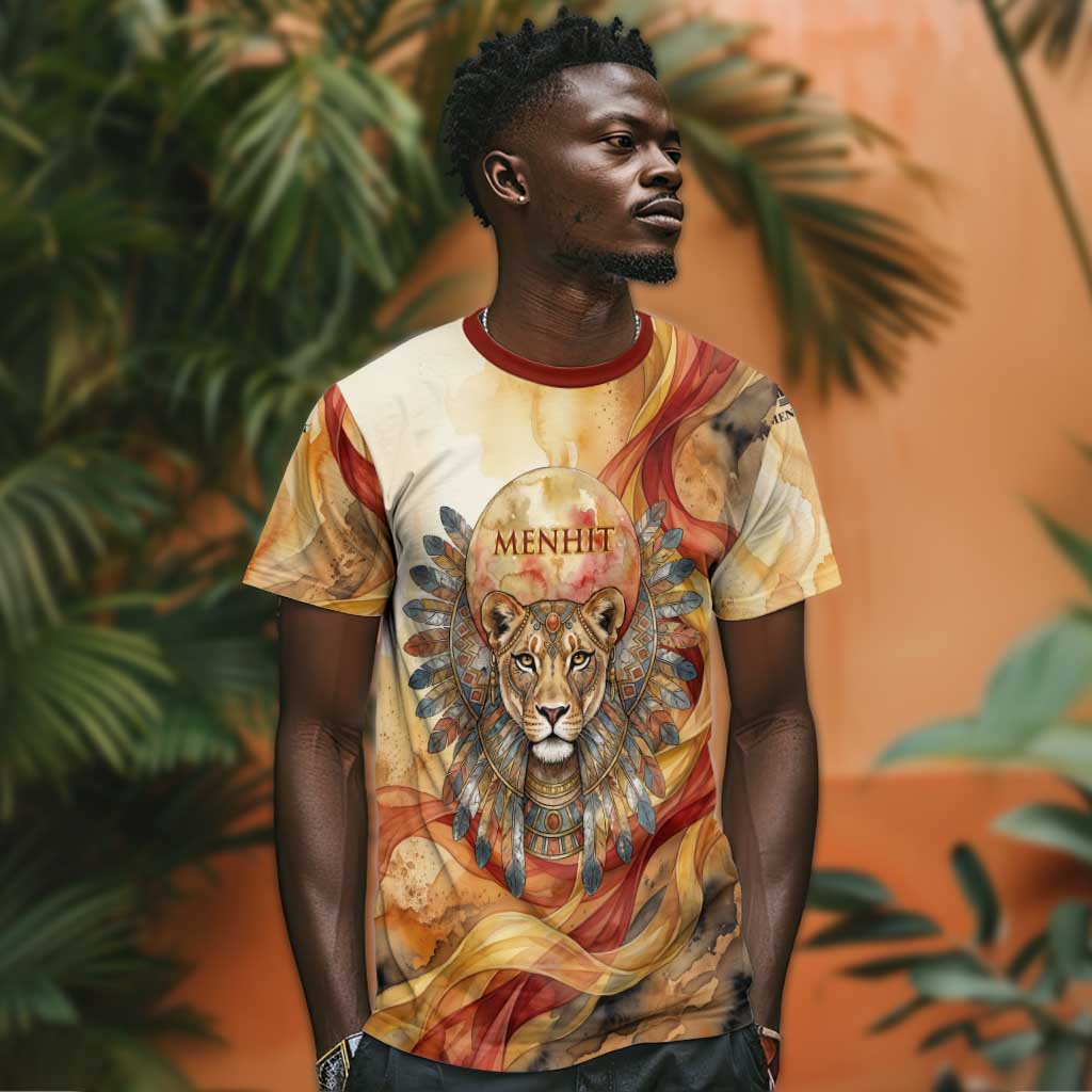 Menhit T-Shirt Lioness Warrior Goddess Uraeus Serpent Fire and Feathers Ancient Egyptian Graphic Tee
