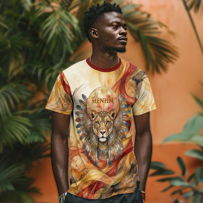 Menhit T-Shirt Lioness Warrior Goddess Uraeus Serpent Fire and Feathers Ancient Egyptian Graphic Tee
