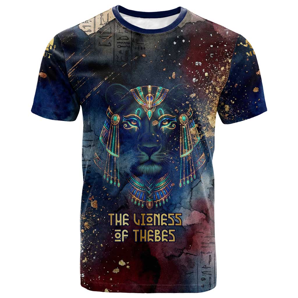 Mut T-Shirt The Lioness of Thebes Egyptian Goddess Cosmic Crown Adorned Warrior Queen Design Graphic Tee