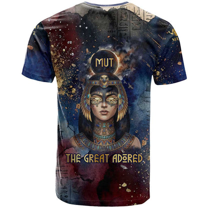 Mut T-Shirt The Lioness of Thebes Egyptian Goddess Cosmic Crown Adorned Warrior Queen Design Graphic Tee