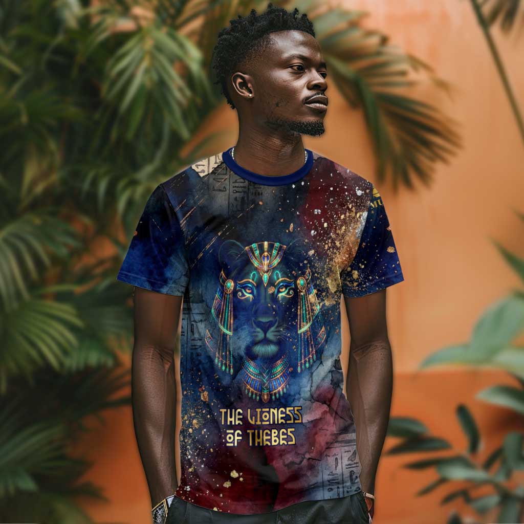 Mut T-Shirt The Lioness of Thebes Egyptian Goddess Cosmic Crown Adorned Warrior Queen Design Graphic Tee