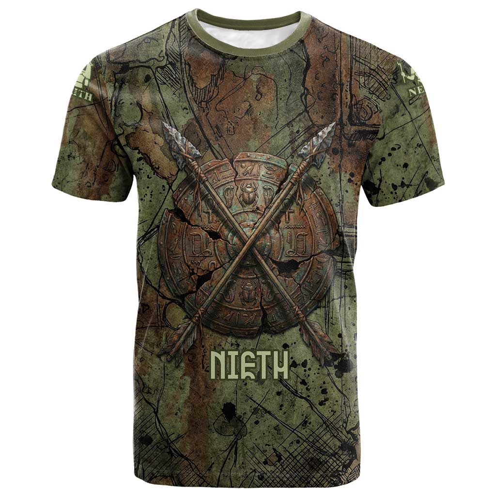 Neith Egyptian T-Shirt War Goddess Terrifying One Dual Spears and Shield Battle Worn Graphic Tee