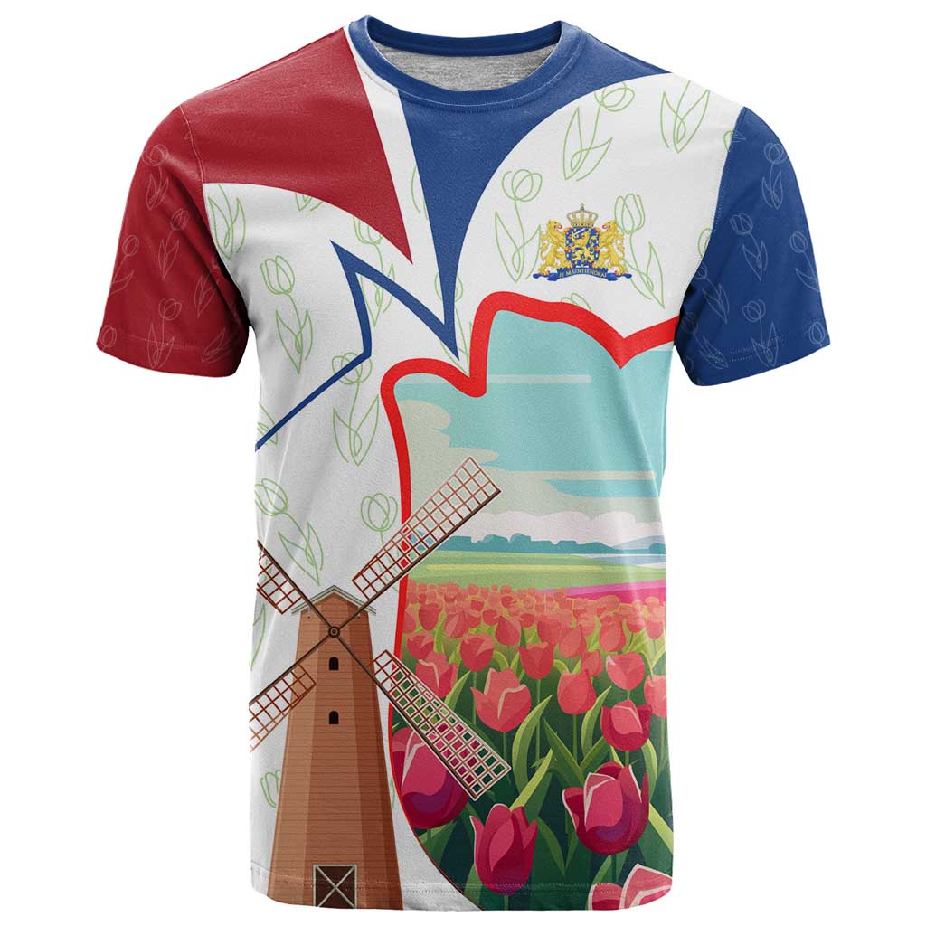 Netherlands Heritage T-Shirt with Tulips Windmill and Coat of Arms Graphic Tee