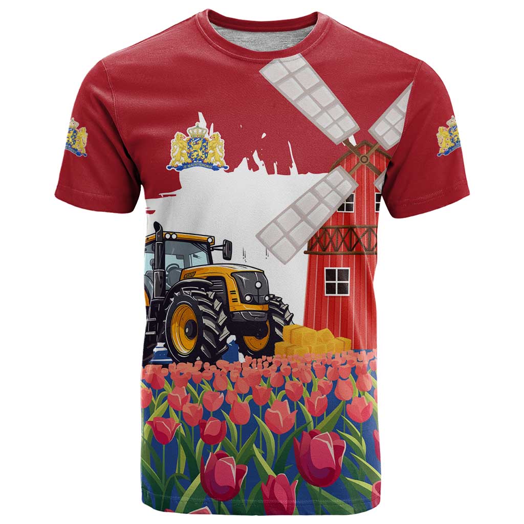 Netherlands Farm Landscape T-Shirt with Tractor and Tulips Graphic Tee