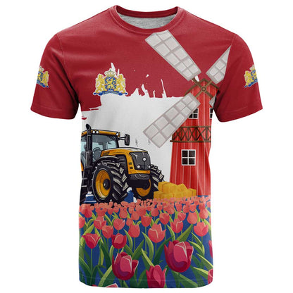 Netherlands Farm Landscape T-Shirt with Tractor and Tulips Graphic Tee