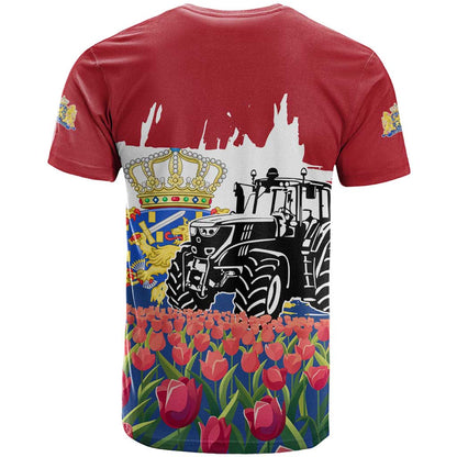 Netherlands Farm Landscape T-Shirt with Tractor and Tulips Graphic Tee