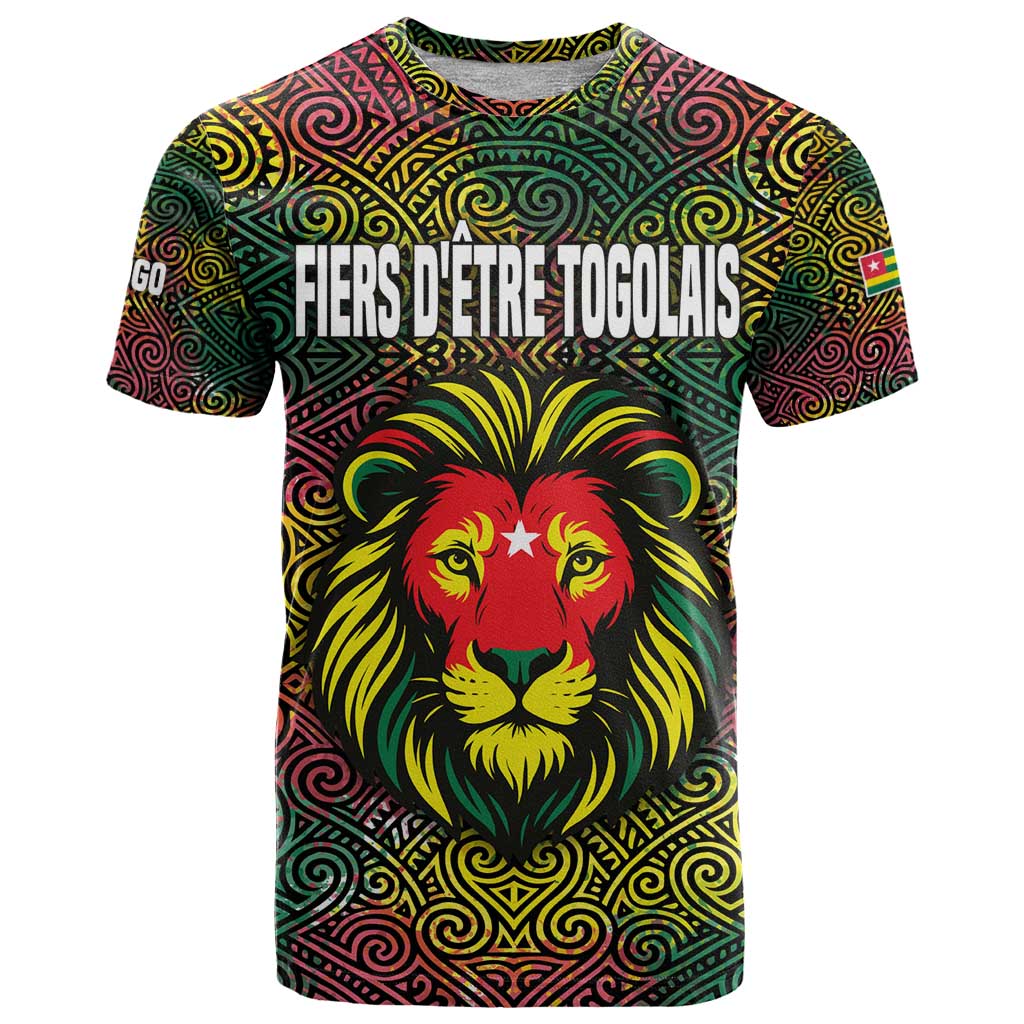 Togo T-Shirt with Red Lion Head Design and Traditional African Pattern Graphic Tee