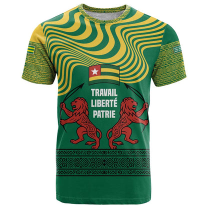 Togo T-Shirt with Red Twin Lions and Travail Liberté Patrie Slogan Graphic Tee