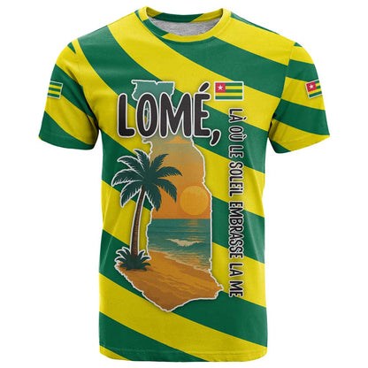 Lome Togo Sunset T-Shirt with Palm Trees and Ocean Embrace Design Graphic Tee