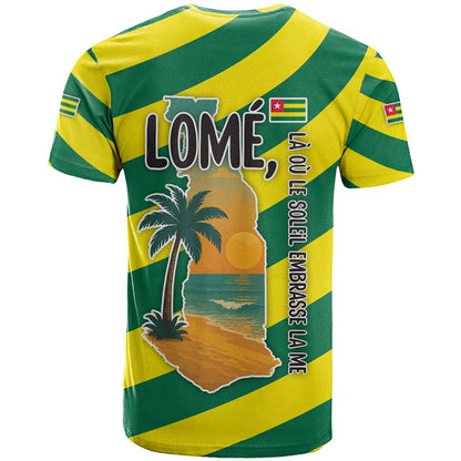 Lome Togo Sunset T-Shirt with Palm Trees and Ocean Embrace Design Graphic Tee