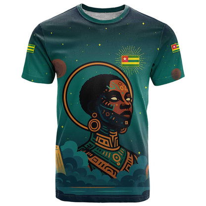 Togo Futuristic Afrocentric Woman T-Shirt with Flag and Stars Design Graphic Tee
