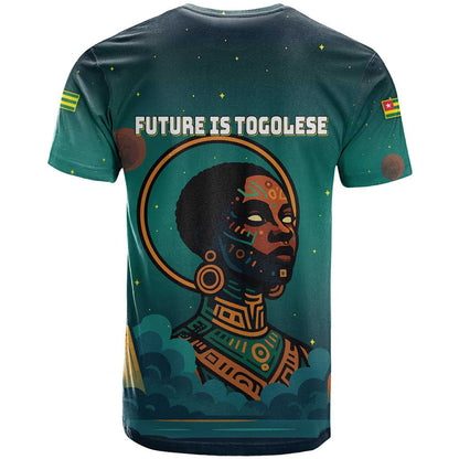Togo Futuristic Afrocentric Woman T-Shirt with Flag and Stars Design Graphic Tee