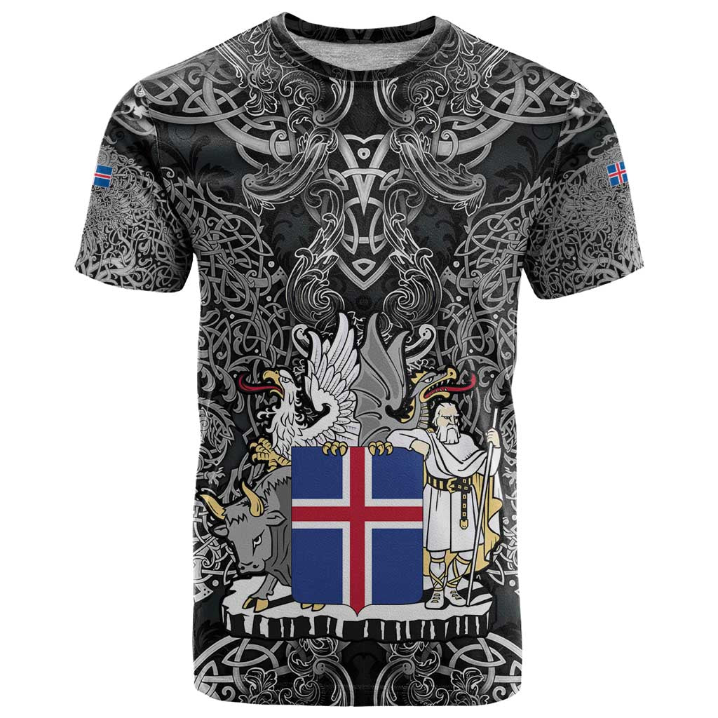 Icelandic Coat of Arms T-Shirt Viking Knotwork and National Flag Design Graphic Tee