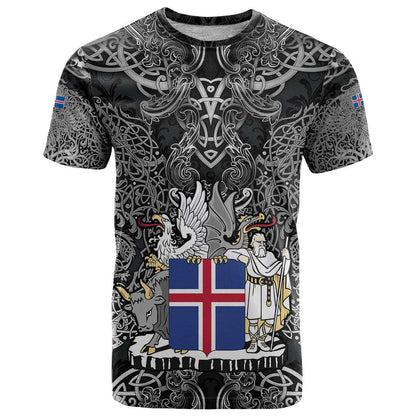 Icelandic Coat of Arms T-Shirt Viking Knotwork and National Flag Design Graphic Tee
