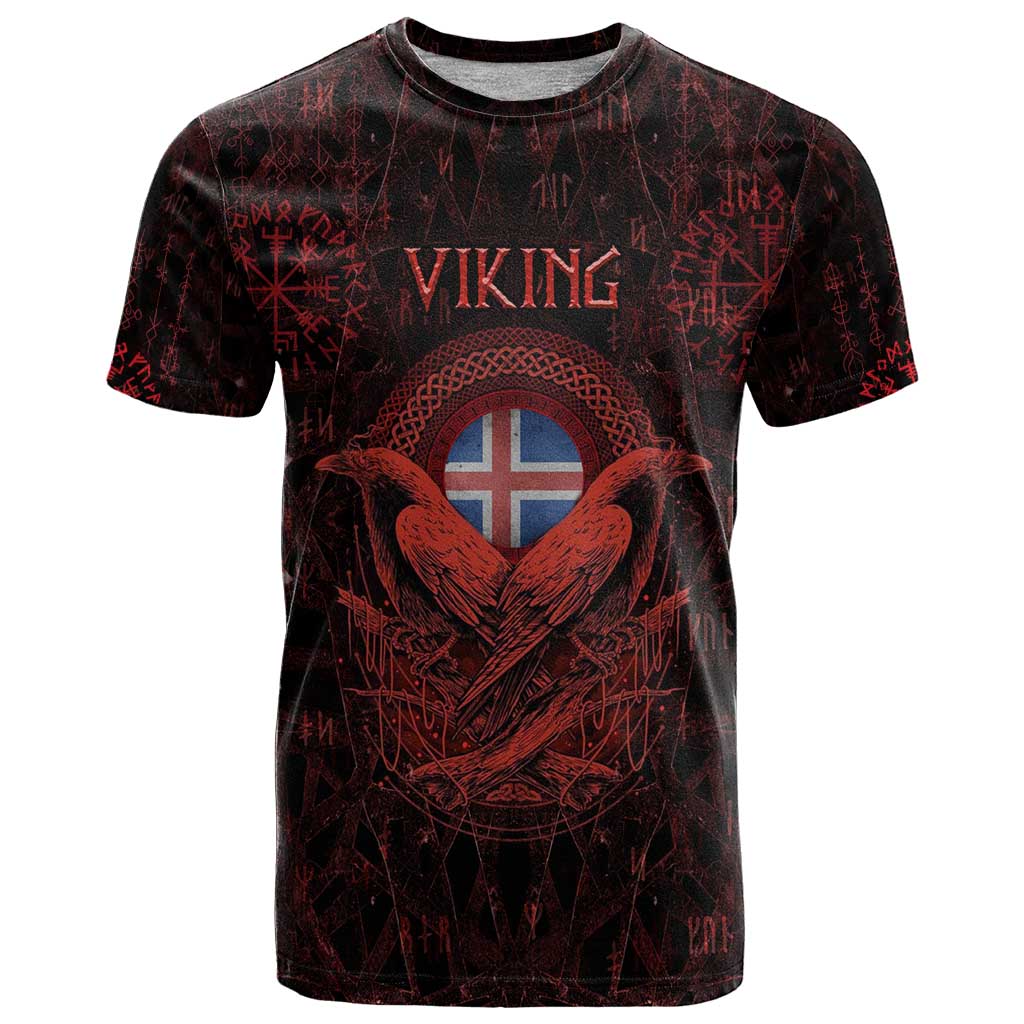 Iceland Vikings T-Shirt Norse Runes with Raven and Longship Design Featuring National Flag Graphic Tee