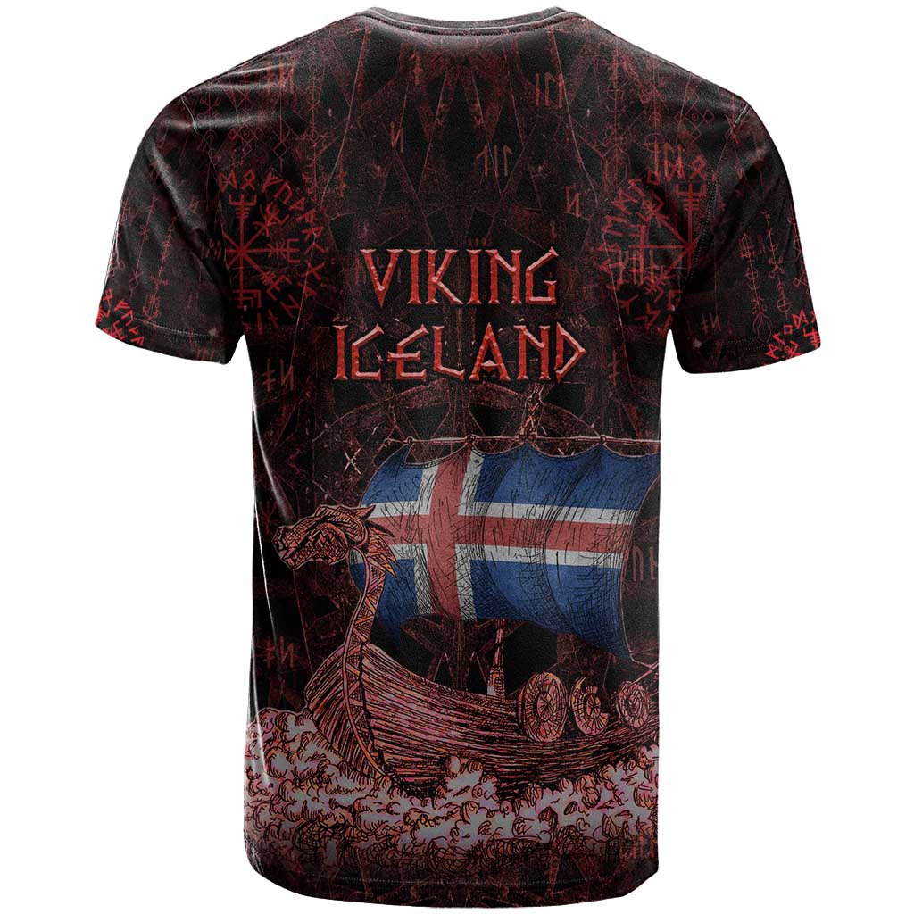Iceland Vikings T-Shirt Norse Runes with Raven and Longship Design Featuring National Flag Graphic Tee