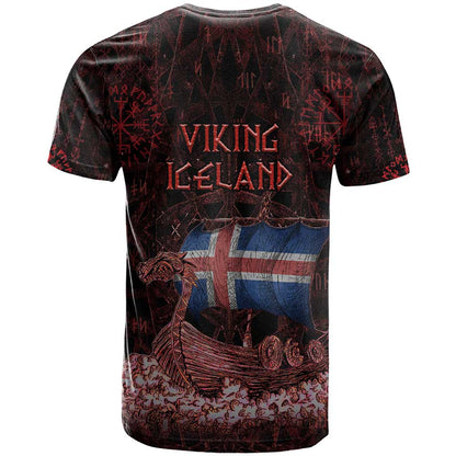 Iceland Vikings T-Shirt Norse Runes with Raven and Longship Design Featuring National Flag Graphic Tee