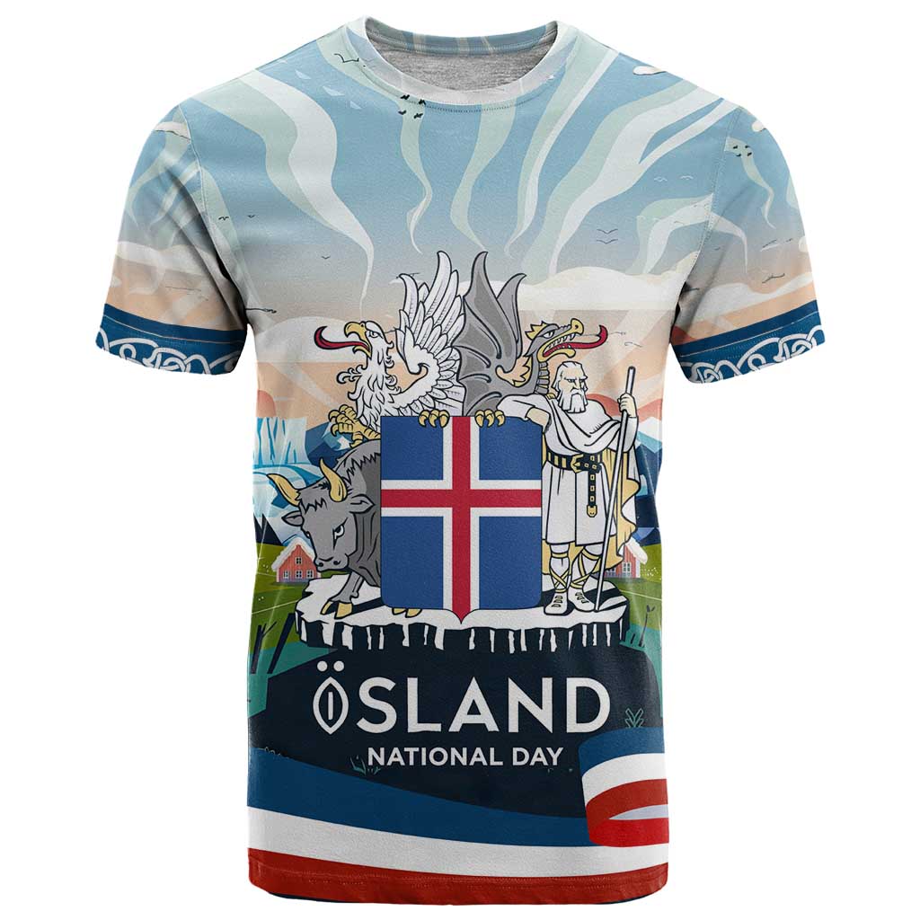 Iceland National Day T-Shirt with Icelandic Flag Crest and Scenic Landscape Design Graphic Tee