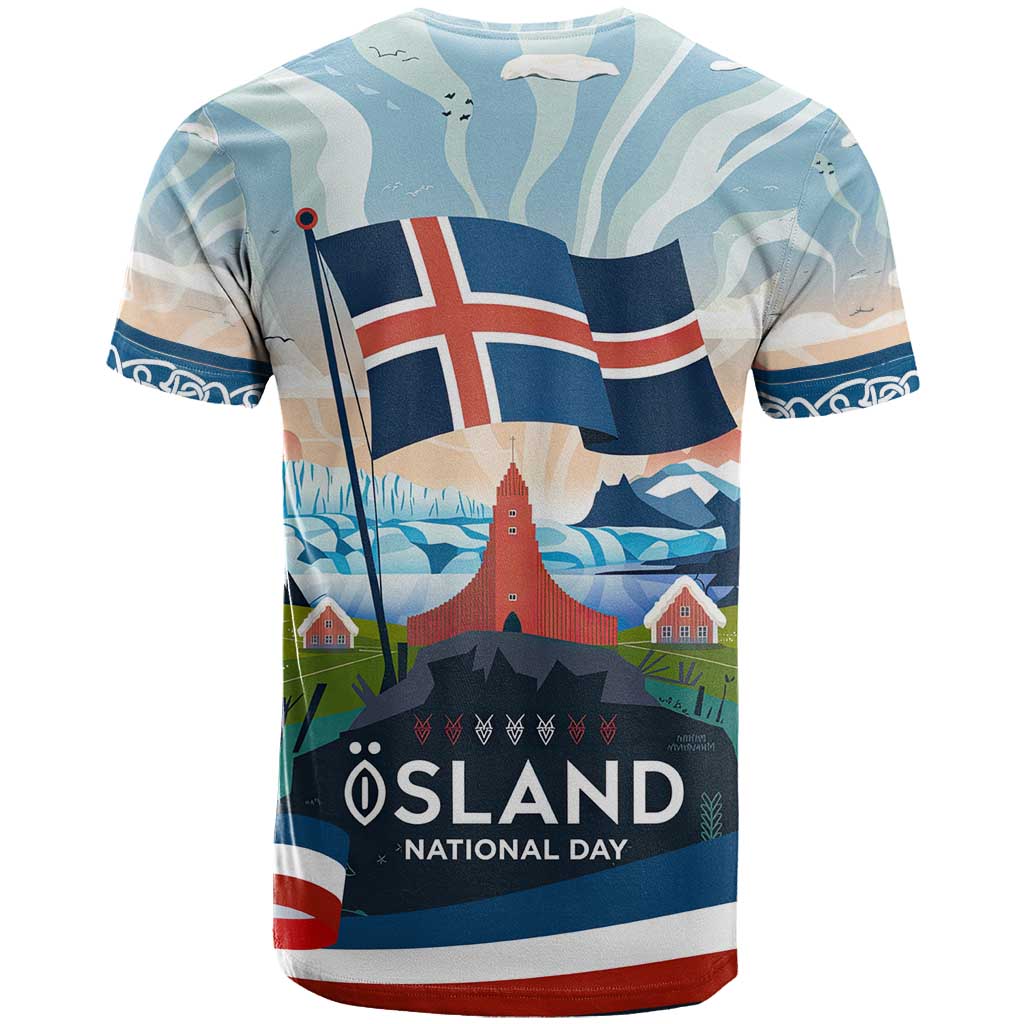 Iceland National Day T-Shirt with Icelandic Flag Crest and Scenic Landscape Design Graphic Tee