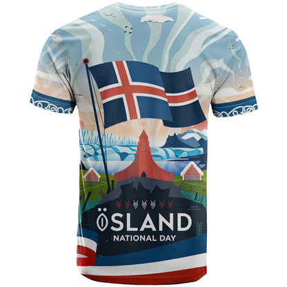 Iceland National Day T-Shirt with Icelandic Flag Crest and Scenic Landscape Design Graphic Tee