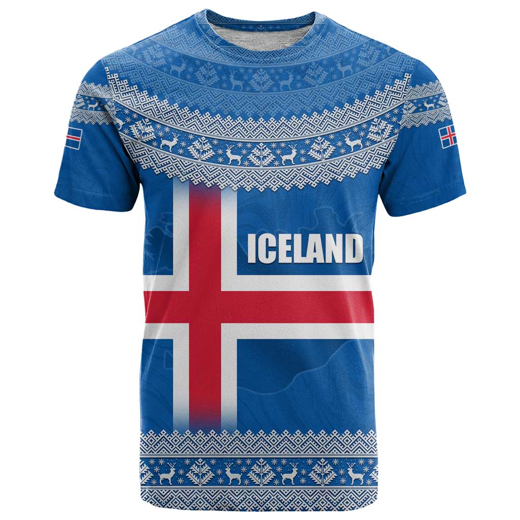 Iceland Flag T-Shirt with Icelandic Crest and Traditional Nordic Knit Pattern Design Graphic Tee