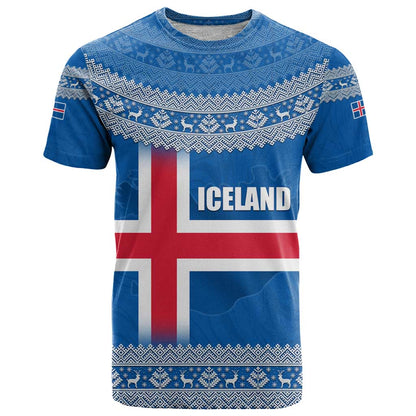 Iceland Flag T-Shirt with Icelandic Crest and Traditional Nordic Knit Pattern Design Graphic Tee