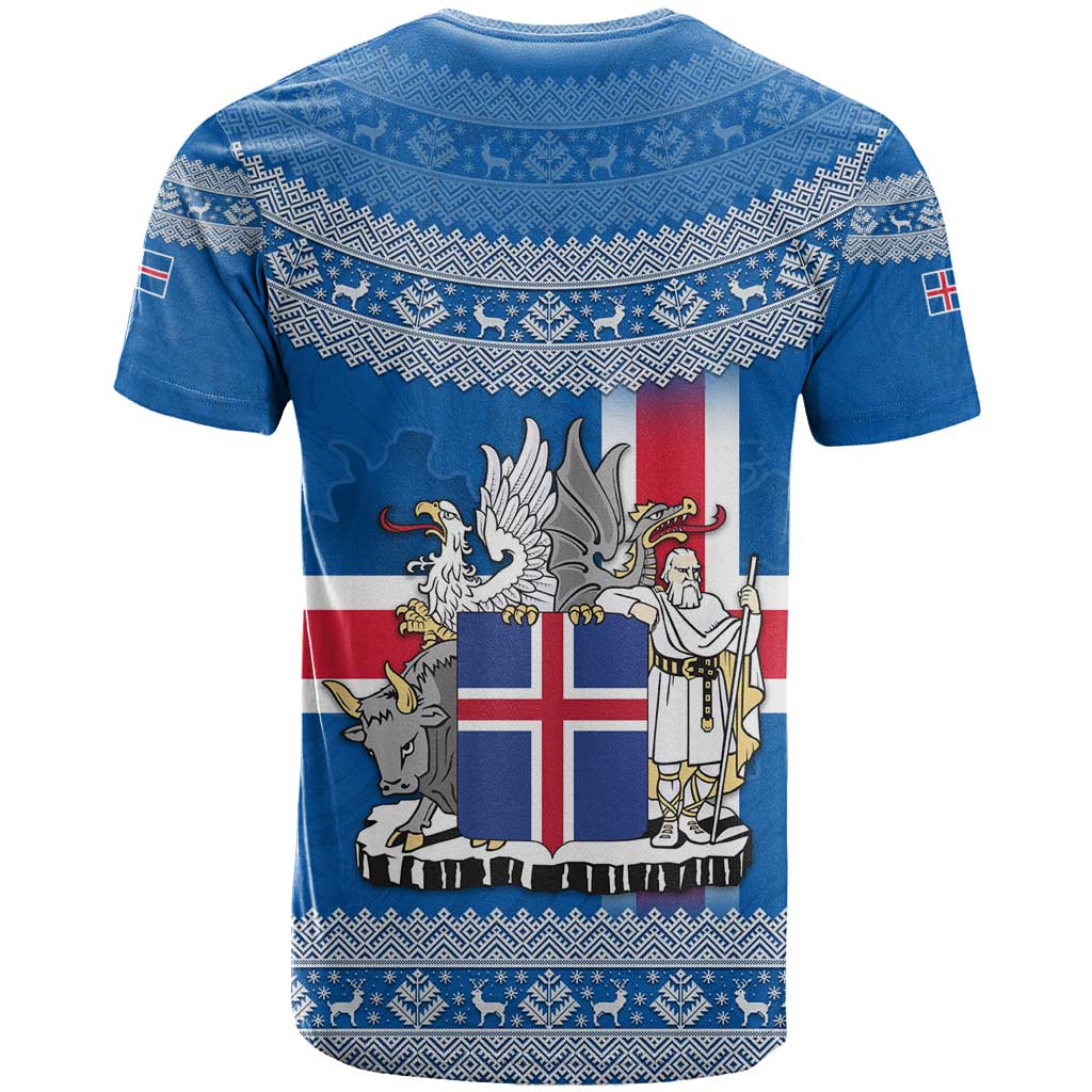 Iceland Flag T-Shirt with Icelandic Crest and Traditional Nordic Knit Pattern Design Graphic Tee
