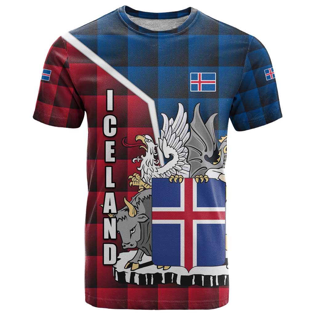 Iceland Crest T-Shirt with Viking Dragon and Icelandic Flag Plaid Pattern Graphic Tee