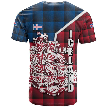 Iceland Crest T-Shirt with Viking Dragon and Icelandic Flag Plaid Pattern Graphic Tee