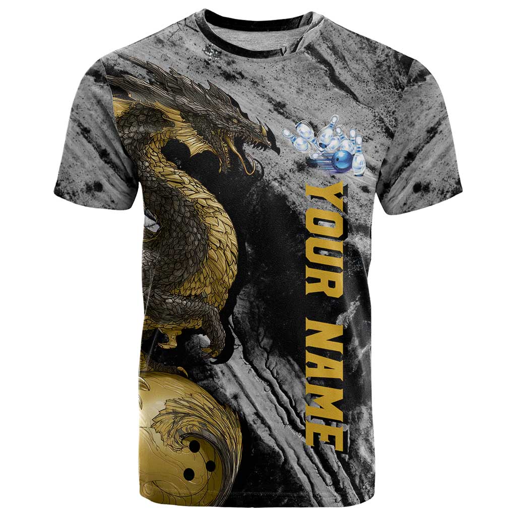 Golden Dragon and Bowling Ball Design T-Shirt with Marble Stone Texture and Custom Team Name Text Graphic Tee