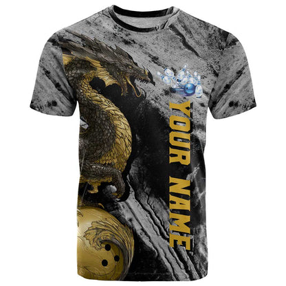 Golden Dragon and Bowling Ball Design T-Shirt with Marble Stone Texture and Custom Team Name Text Graphic Tee