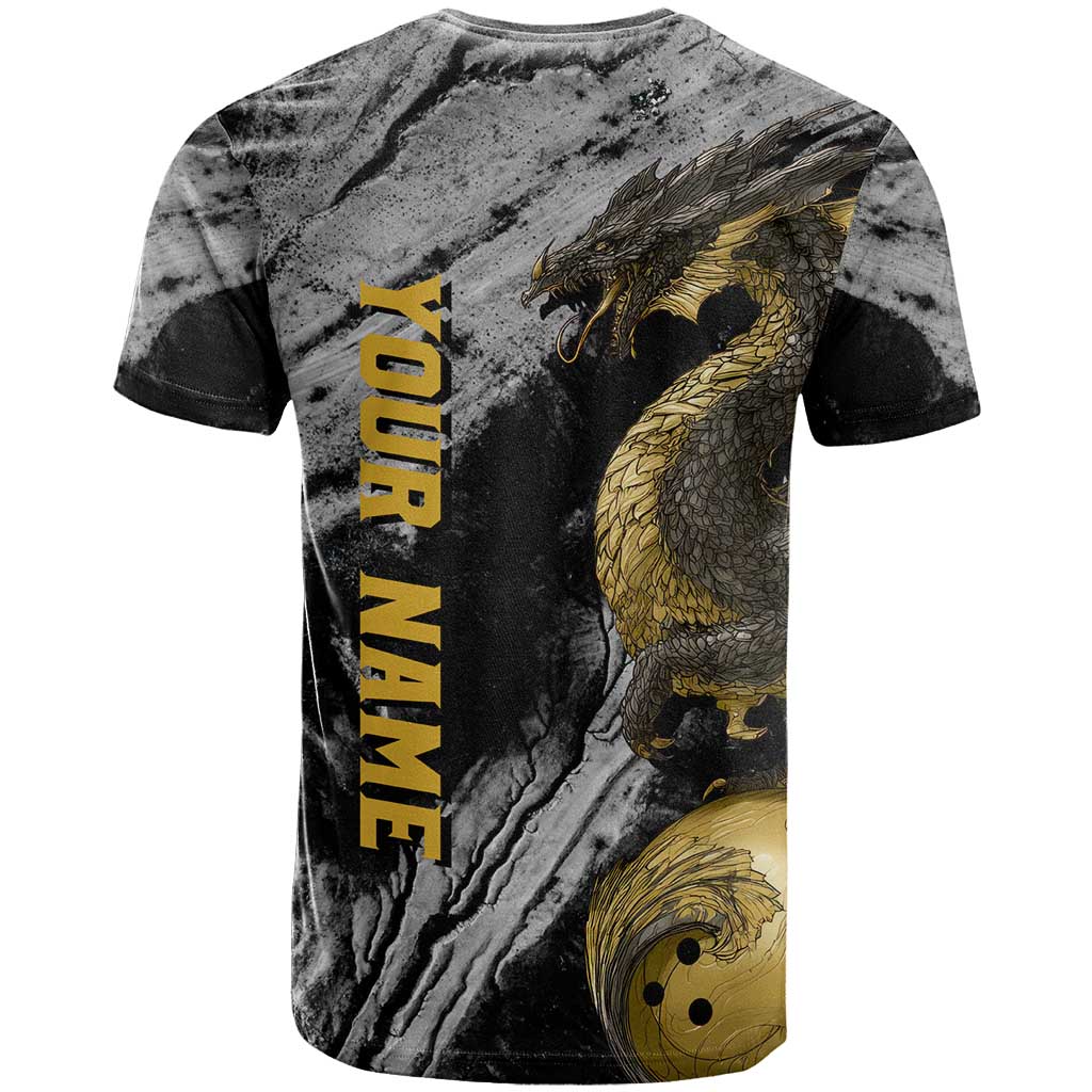 Golden Dragon and Bowling Ball Design T-Shirt with Marble Stone Texture and Custom Team Name Text Graphic Tee