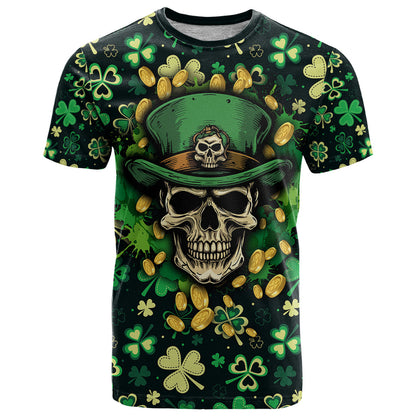Skull and Shamrock Leaf Pattern T-Shirt Good Luck Graphic Tee